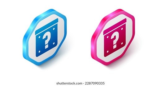 Isometric Mystery box or random loot box for games icon isolated on white background. Question mark. Unknown surprise box. Hexagon button. Vector