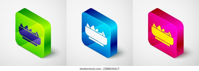 Isometric Nachos in bowl icon isolated on grey background. Tortilla chips or nachos tortillas. Traditional mexican fast food menu. Square button. Vector