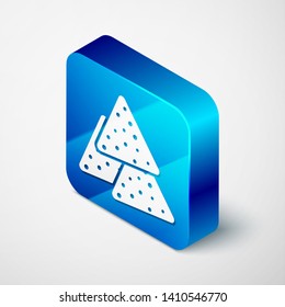 Isometric Nachos icon isolated on white background. Tortilla chips or nachos tortillas. Traditional mexican fast food. Blue square button. Vector Illustration