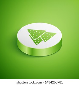 Isometric Nachos icon isolated on green background. Tortilla chips or nachos tortillas. Traditional mexican fast food. White circle button. Vector Illustration 