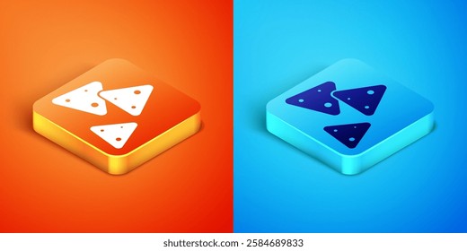 Isometric Nachos icon isolated on orange and blue background. Tortilla chips or nachos tortillas. Traditional mexican fast food.  Vector