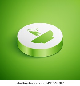 Isometric Nachos in plate icon isolated on green background. Tortilla chips or nachos tortillas. Traditional mexican fast food. White circle button. Vector Illustration 