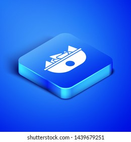Isometric Nachos in plate icon isolated on blue background. Tortilla chips or nachos tortillas. Traditional mexican fast food menu. Blue square button. Vector Illustration