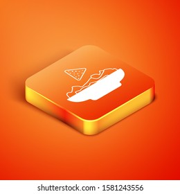 Isometric Nachos in plate icon isolated on orange background. Tortilla chips or nachos tortillas. Traditional mexican fast food.  Vector Illustration