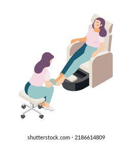 Isometric nail artist doing pedicure to woman 3d vector illustration