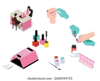 Isometric Nail Salon and Manicure Procedure 3d flat vector illustrations