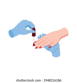 Isometric nails manicure composition with isolated image of hands applying enamel to nails vector illustration