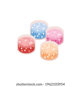 Isometric nails manicure composition with isolated images of nail enamel cans with spangles vector illustration