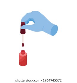 Isometric nails manicure composition with isolated image of nail enamel with brush vector illustration