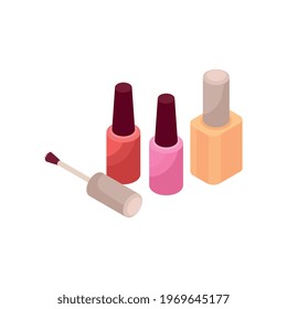 Isometric nails manicure composition with isolated image of jars with brushes vector illustration