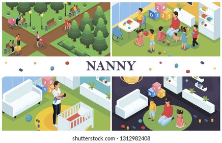 Isometric nanny work composition with parents walking with kids nanny playing with children at home and babysitter puts baby to sleep vector illustration