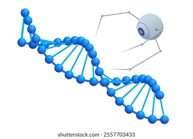 Isometric Nanobots are repairing damaged DNA. Future technologies: nanorobots for organism treatment. Spiral DNA double helix structure. Genetic engineering and treatment. Immune system