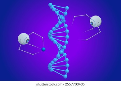 Isometric Nanobots are repairing damaged DNA. Future technologies: nanorobots for organism treatment. Spiral DNA double helix structure. Genetic engineering and treatment. Immune system