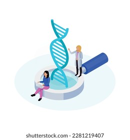 Isometric nanotechnology icon with dna structure magnifier and two tiny characters of scientists 3d vector illustration