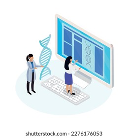 Isometric nanotechnology icon with dna and tiny scientists working on computer 3d vector illustration