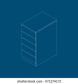 Isometric narrow cupboard with five drawers. Kitchen cabinet in a modern style on blue background. Vector illustration