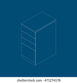 Isometric narrow cupboard with four drawers. Kitchen cabinet in a modern style on blue background. Vector illustration