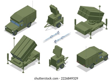 Sistema isométrico de misiles NASAMS de superficie a aire. El sistema se defiende contra vehículos aéreos no tripulados, helicópteros, misiles de crucero, vehículos aéreos de combate no tripulados y aviones.