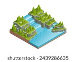 Isometric natural beautiful waterfall with forest