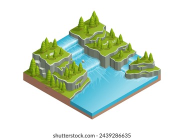 Isometric natural beautiful waterfall with forest