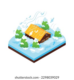 Composición isométrica de desastres naturales con trozo de terreno con personas en calamidad en ilustración vectorial de fondo en blanco