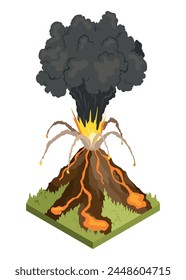 Isometric natural disaster concept with eruption volcano vector illustration