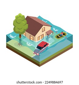 Isometric natural disaster flood concept with flooded house car and man floating in boat along street 3d vector illustration