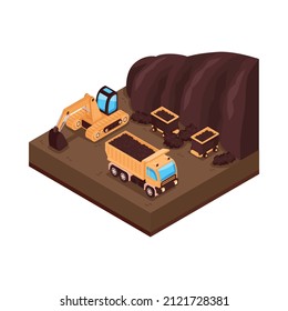 Isometric natural environmental land resources composition with view of open pit with truck and excavator vector illustration