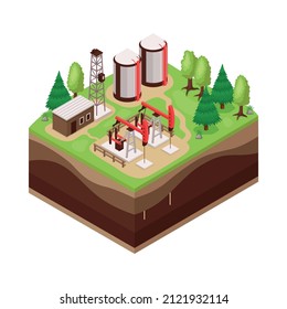 Isometric natural environmental land resources composition with oil extraction site view vector illustration