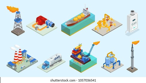 Isometric natural gas industry elements set with rig truck tanker burner pipelines refinery plant offshore platform column isolated vector illustration 