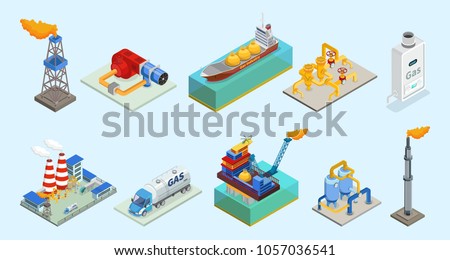 Isometric natural gas industry elements set with rig truck tanker burner pipelines refinery plant offshore platform column isolated vector illustration 