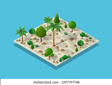 An isometric natural landscape of palm trees, vector illustration of a desert with sand, stones and bushes. Conceptual 3d graphics for the game background.