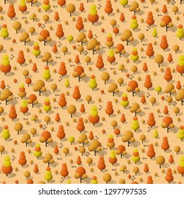 An isometric natural landscape of trees, vector illustration of a desert with sand, stones and bushes. Conceptual 3d graphics for the game background.