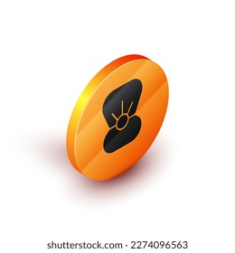 Isometric Natural open shell with pearl icon isolated on white background. Scallop sea shell. Seashell sign. Orange circle button. Vector