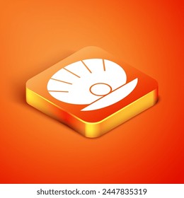 Isometric Natural open shell with pearl icon isolated on orange background. Scallop sea shell. Seashell sign.  Vector