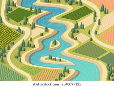 Isometric natural river with trees and rice field