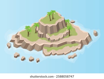 Isometric natural rocky mountain island with trees