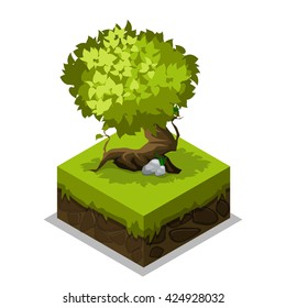 Isometric nature land, grass and tree in vector