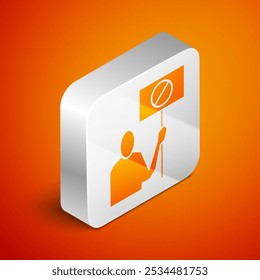 Isometrisches Naturschutz-Protestsymbol einzeln auf orangefarbenem Hintergrund. Erdplanetenschutz, Demonstration von Umweltfragen. Silberner quadratischer Knopf. Vektorgrafik