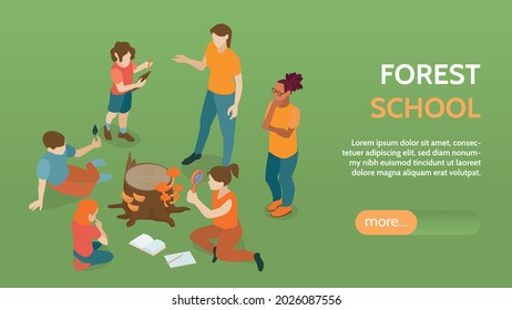 Isometric nature study horizontal banner with editable text more button and characters of kids and teacher vector illustration