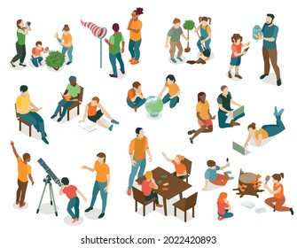 Isometric nature study set with isolated icons and human characters of children and adults educational activities vector illustration