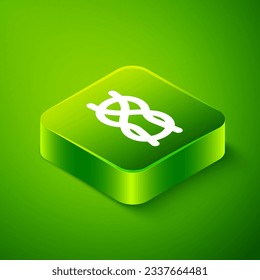 Isometric Nautical rope knots icon isolated on green background. Rope tied in a knot. Green square button. Vector