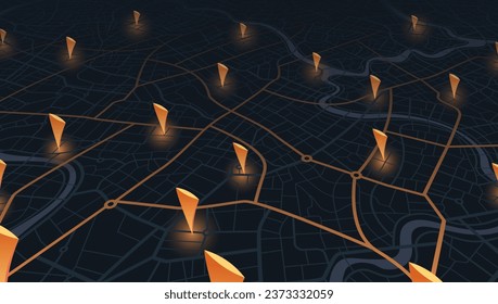Isometric navigate mapping technology for distance data, path turns. Abstract map with unique lines, geometric patterns background. City top view. Streets, blocks, route for movement on the streets.
