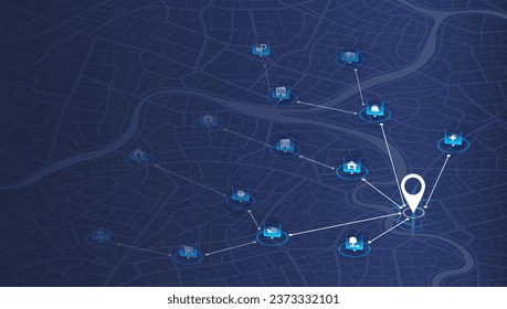 Tecnología de mapeo de navegación isométrica para datos de distancia, giros de ruta. Mapa abstracto con líneas únicas, fondo de patrones geométricos. Vista superior de la ciudad. Calles, bloqueos, ruta de movimiento en las calles.