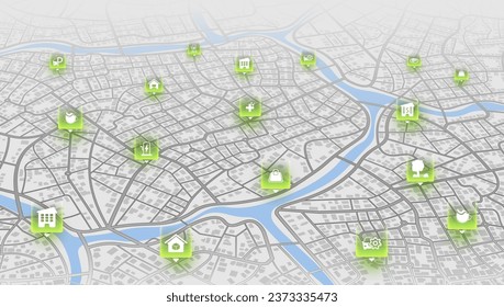 Isometric navigate mapping technology for distance data, path turns. Abstract map with unique lines, geometric patterns background. City top view. Streets, blocks, route for movement on the streets.
