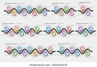 Isometric navigation map infographic 2-9 steps timeline concept. Winding road. Vector illustrations set.