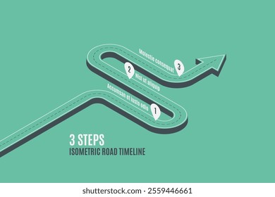 Isometric navigation map infographic 3 steps timeline concept. Winding road. Vector illustration.