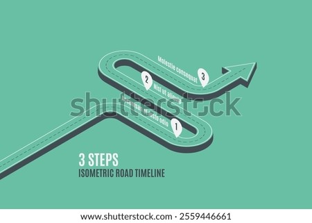 Isometric navigation map infographic 3 steps timeline concept. Winding road. Vector illustration.