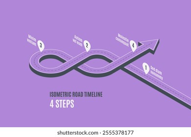 Isometric navigation map infographic 4 steps timeline concept. Winding road. Vector illustration.