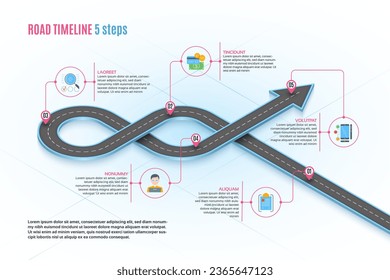 Isometric navigation map infographic concepto de línea de tiempo de 5 pasos. Camino sinuoso. Ilustración vectorial.